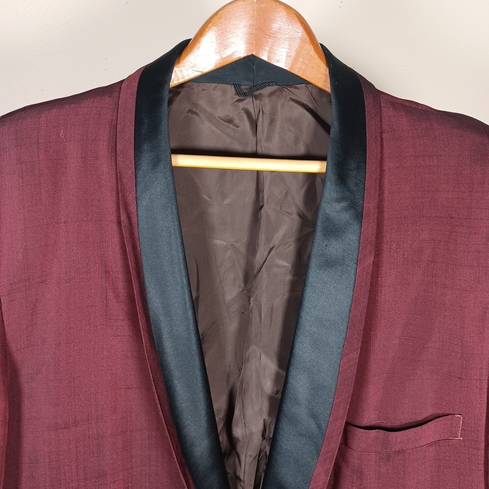 Vtg Mid Century Crimson Satin Evening Smoking‎ Dinner Jacket Formal Shawl Jacket - Picture 7 of 16